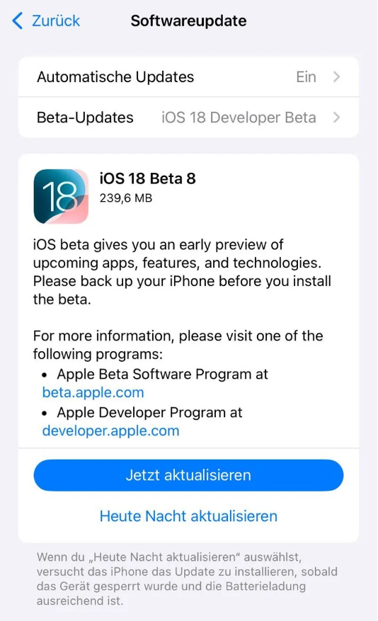 和硕苹果手机维修分享苹果 iOS / iPadOS 18 开发者预览版 Beta 8 发布 